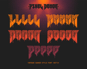 Vector set of vintage gamer style font with pixel shape pattern and 5 letters variations