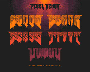 Vector set of vintage gamer style font with pixel shape pattern and 5 letters variations