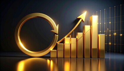 Golden circular arrow transitioning into ascending bar graphs on dark grid background.