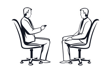 Two black and white businessmen are sitting on chairs facing each other in conversation