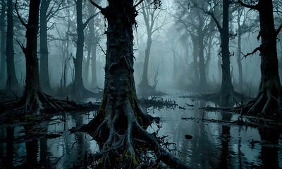 Halloween Illustration Dark Spooky Swamp Twisted Trees
