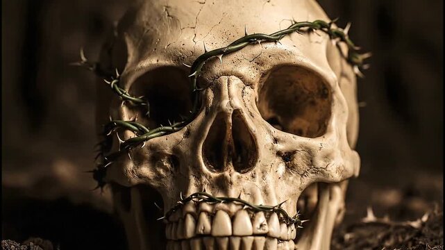 A weathered human skull is entwined with a crown of thorny vines, creating a powerful symbol of suffering and mortality.