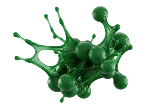 Emerald green viscous slime splash with tendrils and globs, suspended mid-air on transparent with sharp studio lighting, concept of scientific fluid dynamics