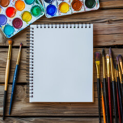 Creative Flat Lay Photography of Watercolor Paints and Brushes on Wooden Table Artistic Workspace Natural Light Top View