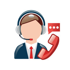 Faceless operator wearing headset standing near classic red telephone with speech bubble for communication service