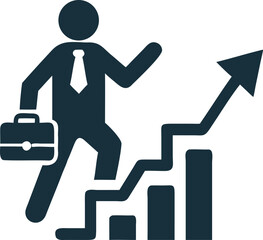 Stick figure progresses on rising graph with briefcase and tie towards success finally