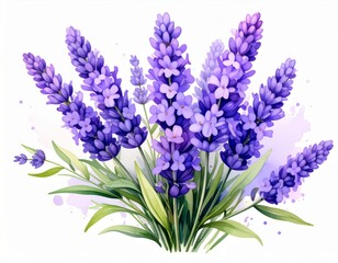 Naklejka premium Watercolor Painting of Lavender Flowers in Purple and Green Tones Isolated on White
