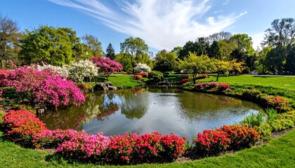 A serene and picturesque park landscape featuring a tranquil pond surrounded by vibrant blooming azalea flowers in springtime