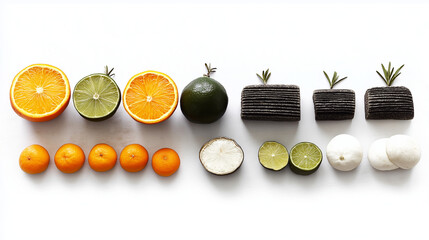 fresh citrus fruits sliced in half on white background