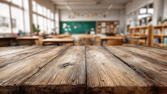 Rustic wooden table in focus, blurred classroom background; desks, chalkboard, bookshelves visible - Powered by Adobe