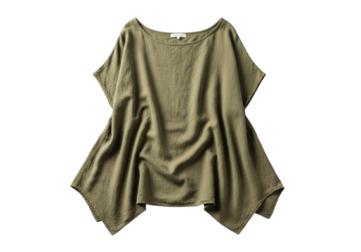 Faded olive green linen tunic, crinkled texture, wide boat neck, asymmetric hem, flat lay on white background with copy space, concept of natural comfort and bohemian style