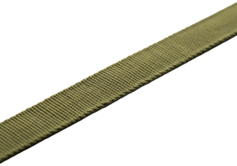 faded olive green canvas webbing, narrow and taut, diagonally placed, showcasing rough texture and weave details on a transparent studio background with copy space, concept of strength and utility