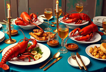 Table set with lobsters, pop art style.