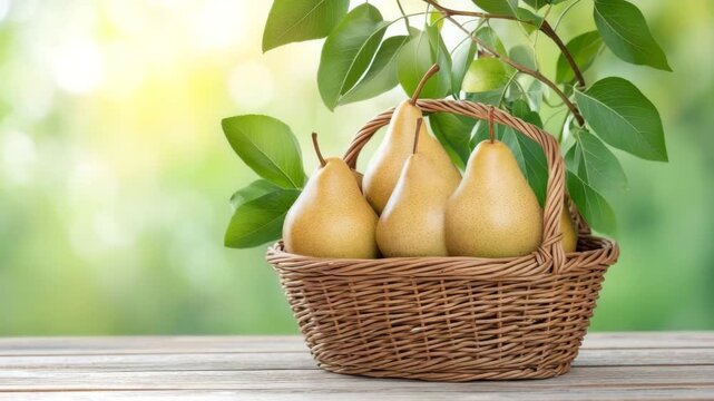 Freshly harvested pears in a rustic basket on a wooden table with vibrant greenery in the background during a sunny day
