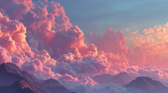 3D animation of tall mountain peaks with pink, blue and magenta tones, surrounded by soft pink clouds in the sky.