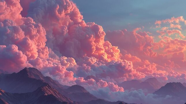 3D animation of tall mountain peaks with pink, blue and magenta tones, surrounded by soft pink clouds in the sky.