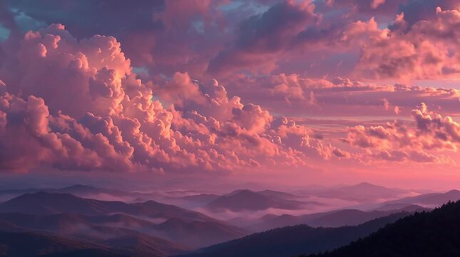 3D animation of tall mountain peaks with pink, blue and magenta tones, surrounded by soft pink clouds in the sky.