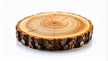 Tree trunk cross-section with visible rings and rough bark on white surface