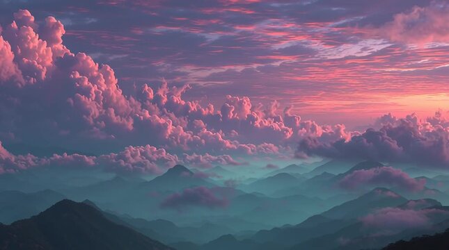 3D animation of tall mountain peaks with pink, blue and magenta tones, surrounded by soft pink clouds in the sky.