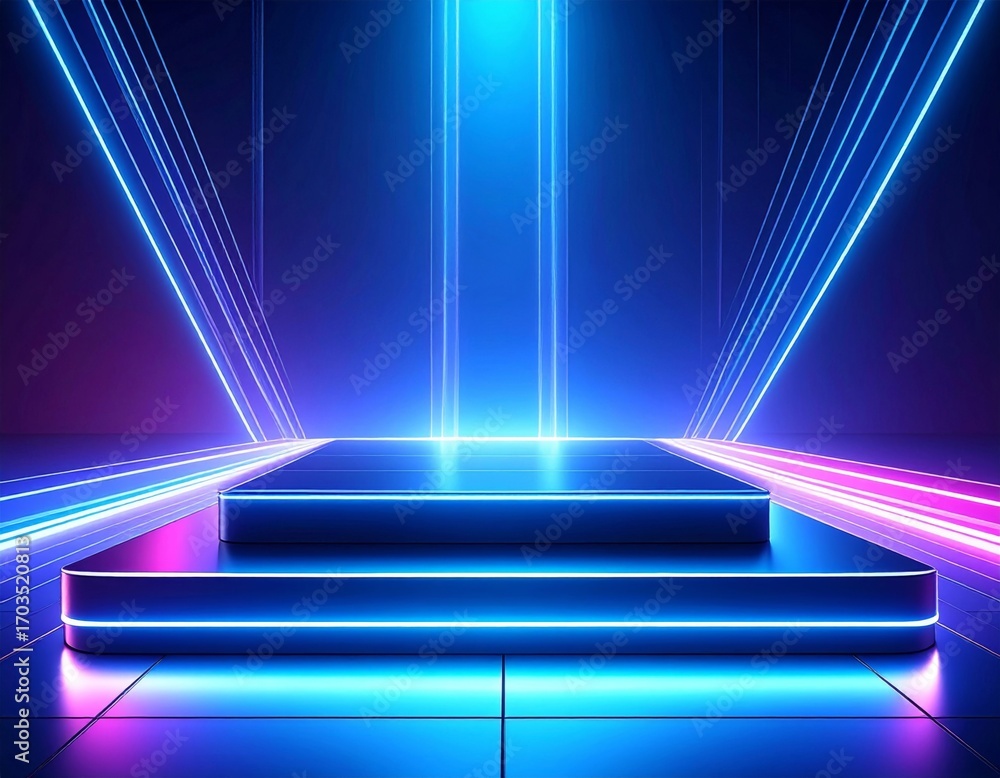 Wall mural futuristic platform stage with neon lighting on dark surface with abstract geometric shapes and line