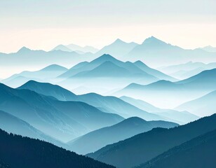 Fototapeta premium Panoramic Mountain Range View with Layered Blue Hills in a Hazy Geometric Style