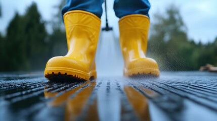 Cleaning deck with yellow boots