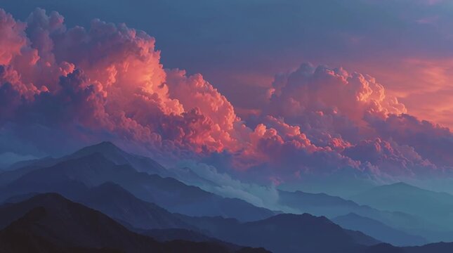 3D animation of tall mountain peaks with pink, blue and magenta tones, surrounded by soft pink clouds in the sky.