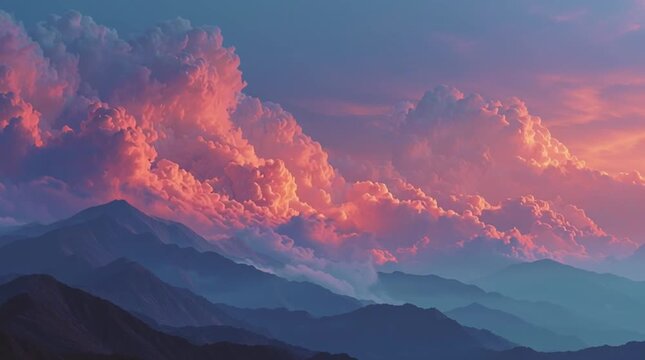 3D animation of tall mountain peaks with pink, blue and magenta tones, surrounded by soft pink clouds in the sky.
