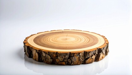 Tree trunk cross-section with visible rings and rough bark on white surface