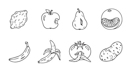 Collection of hand drawn fruit and vegetable silhouettes in a sketchy style