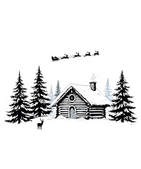 Obraz premium A charming black and white illustration depicts a rustic log cabin nestled amongst snowcovered pine trees, with a silhouette of santas sleigh and reindeer flying in the starry night sky above, evoking