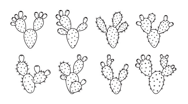Collection of eight distinct prickly pear cactus silhouettes in a line