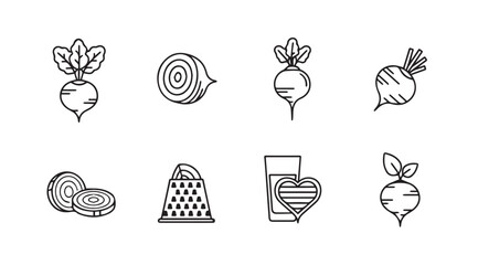 Collection of beetroot illustrations and related food preparation icons silhouette