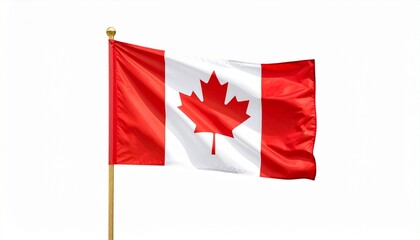 Canadian flag with red maple leaf on white center band, waving on gold pole