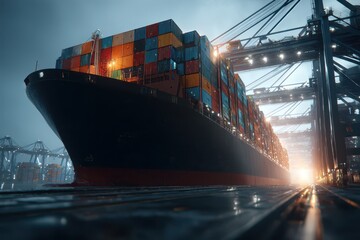 Naklejka premium Large container ship loaded with colorful cargo containers in a port.