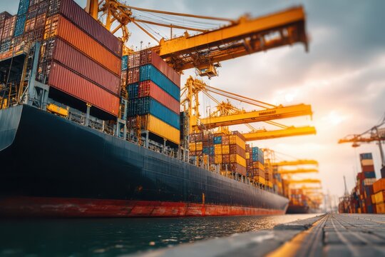 Massive container ship, colorful cargo, port cranes, vibrant sunset sky. - Powered by Adobe