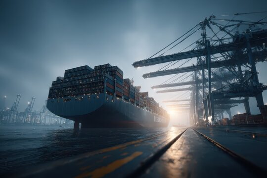 Massive container ship at a busy port with gantry cranes at sunrise, global logistics - Powered by Adobe