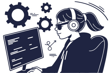 Young professional woman with headphones works on computer amid gear icons graphic