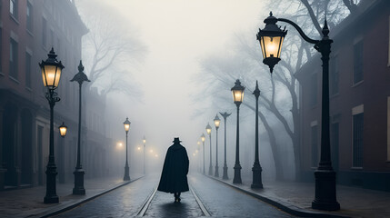 A foggy street with vintage gas lamps casting eerie shadows, with a distant figure in a cloak