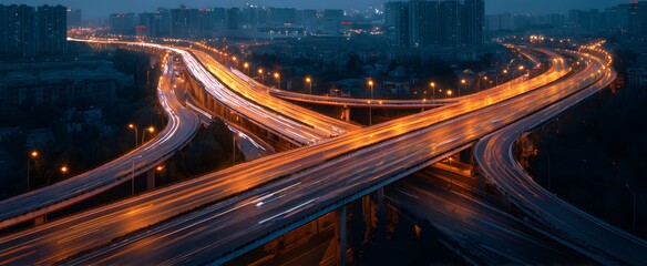 The major highway intersection is congested with evening rush hour traffic.