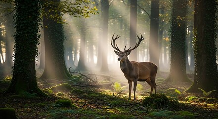 Majestic Stag in Sun-Drenched Forest - A Wildlife Encounter.