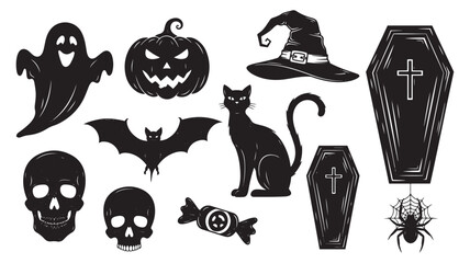 Halloween Skull Bat Coffin Cat Vector Illustration Silhouette Pack