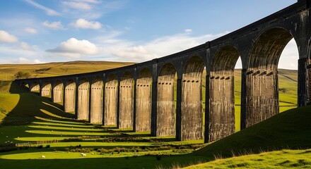 Iconic Ribblehead Viaduct curving through the sunny Yorkshire Dales landscape.