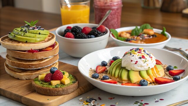 Creative breakfast ideas featuring colorful fruits, wholesome grains, and smoothies served in a cozy kitchen setting