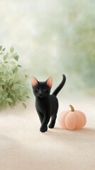 Adorable Black Cat with Pumpkin in Soft Nature Background