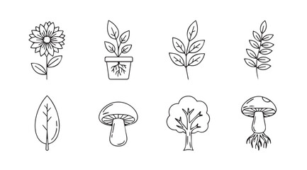 Collection of hand drawn botanical and fungi elements in a sketchy silhouette style
