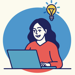 Smiling Asian woman uses laptop while visualizing ideas with a glowing lightbulb
