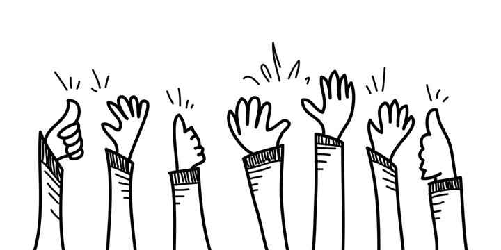 Doodle hands up, clapping ovation. applause, thumbs up gesture on comic cartoon style. vector illustration