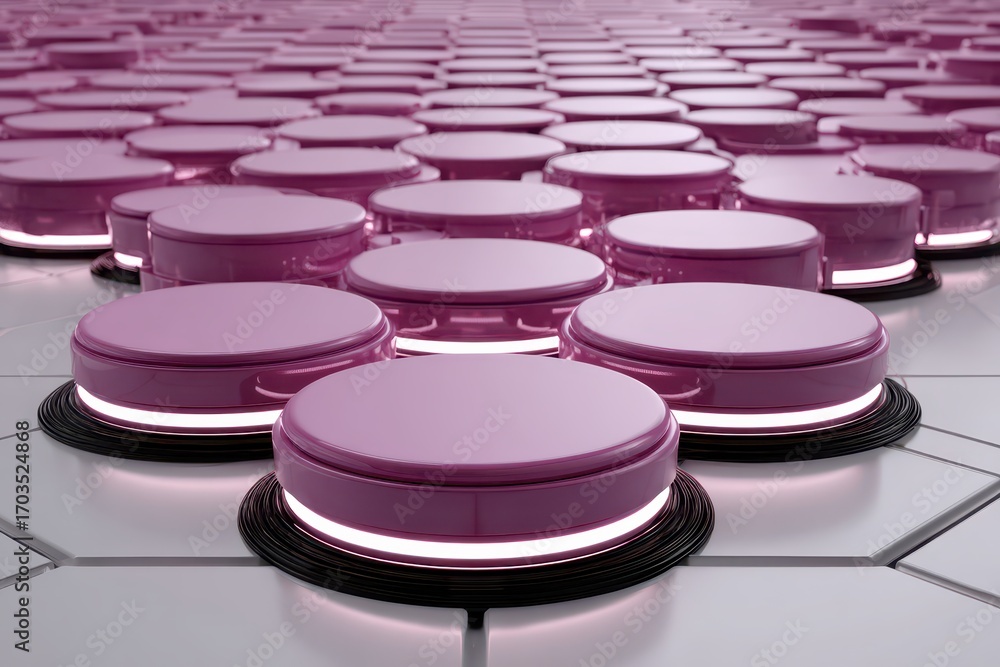 Poster mesmerizing grid of glowing pink futuristic buttons on a sleek hexagonal surface design.