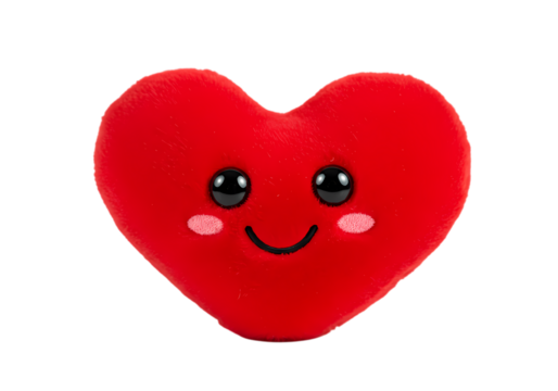 Closeup View of a Red Plush HeartShaped Toy with a Smiling Face isolated on transparent background